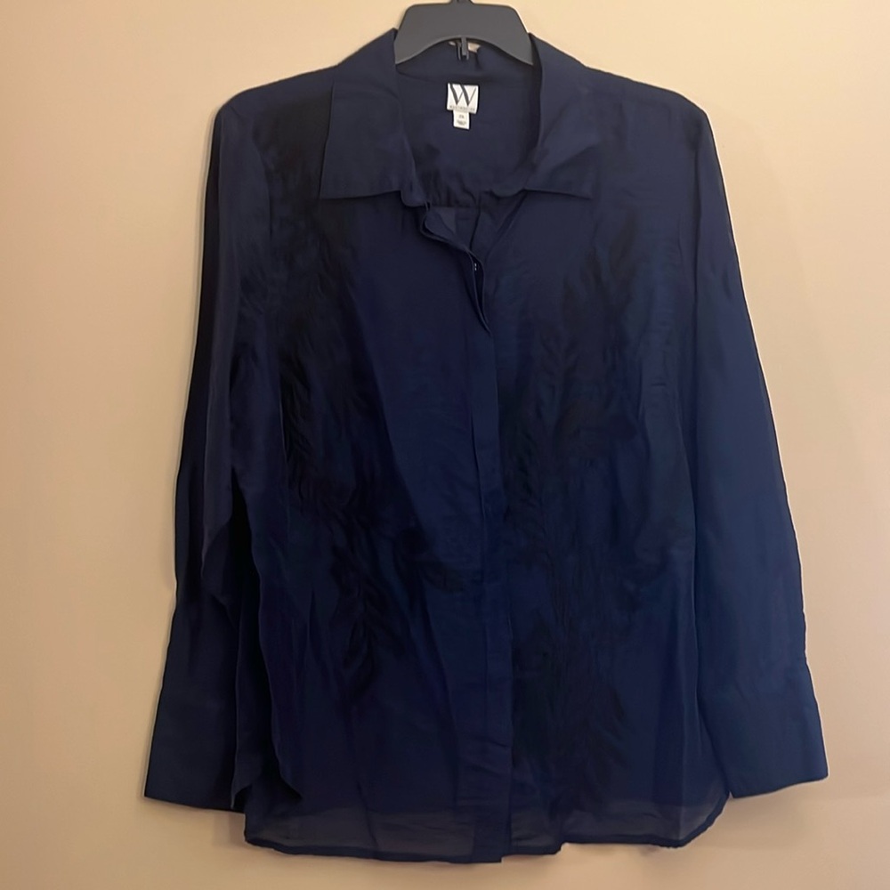 Worthington Woman’s linen blend long sleeve button down blouse, Navy SZ 2X